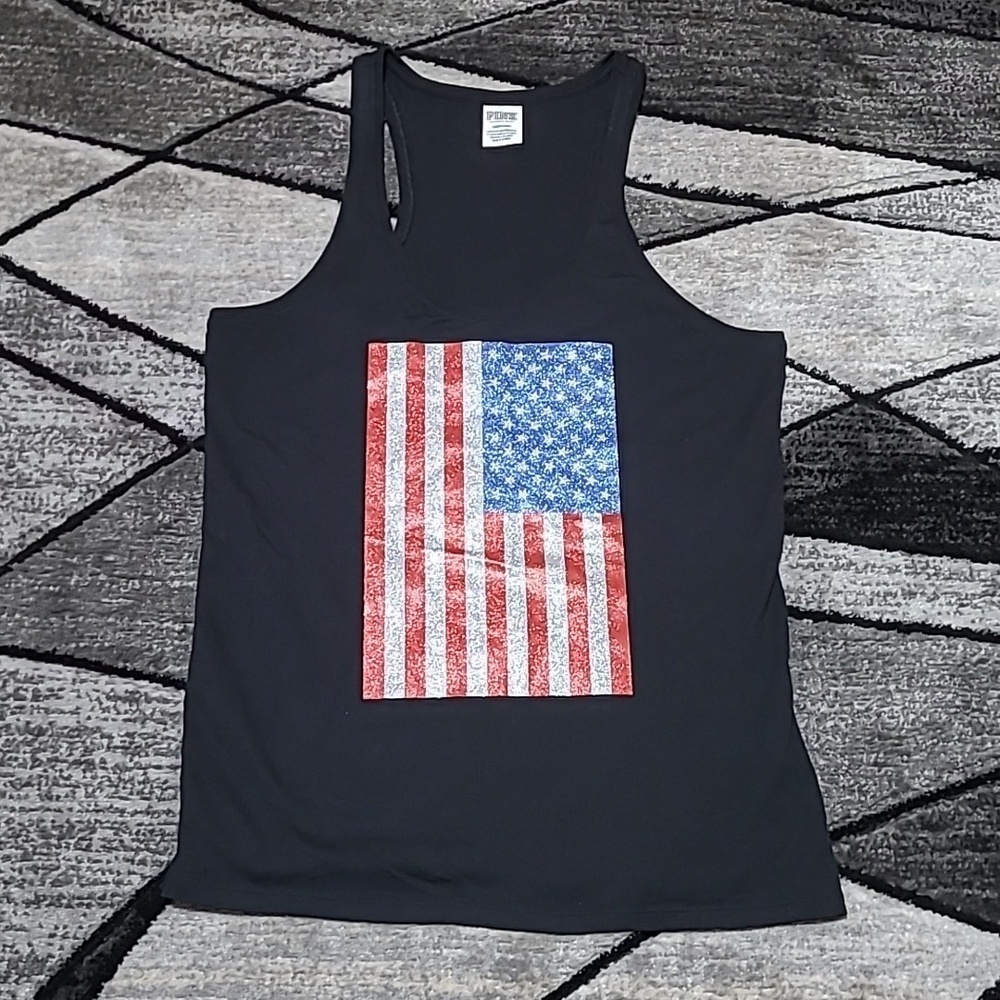 VS PINK 2015 SHINE AMERICAN FLAG SILVER SEQUINS LOGO BLING TANK-TOP PRIC…